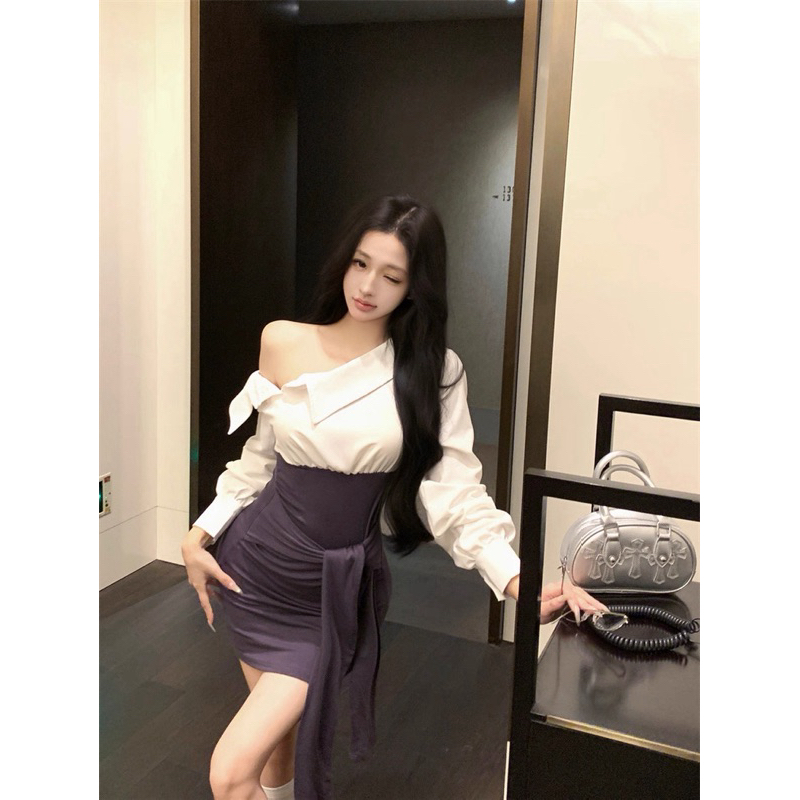 Đầm body sơ mi lệch vai tay dài TABISHOP Váy body nữ buộc dây eo lạ mắt đi học đi làm đi chơi(179) | BigBuy360 - bigbuy360.vn