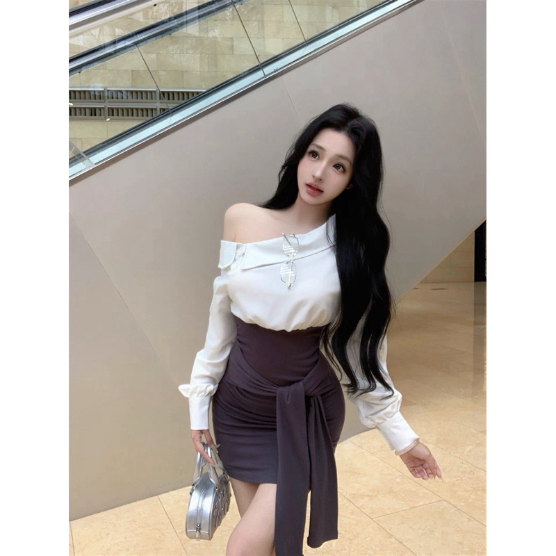 Đầm body sơ mi lệch vai tay dài TABISHOP Váy body nữ buộc dây eo lạ mắt đi học đi làm đi chơi(179) | BigBuy360 - bigbuy360.vn