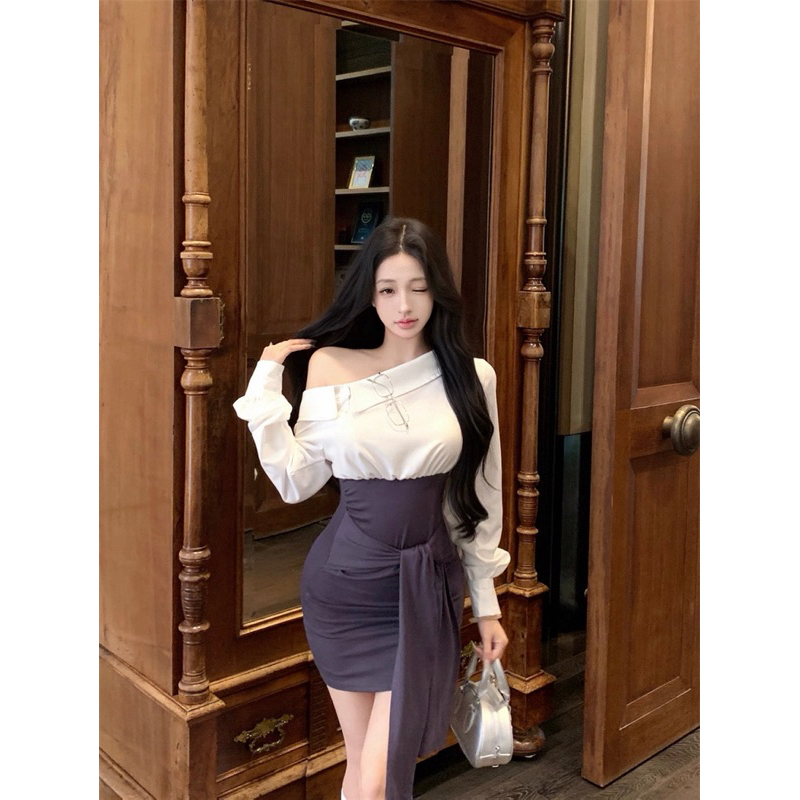 Đầm body sơ mi lệch vai tay dài TABISHOP Váy body nữ buộc dây eo lạ mắt đi học đi làm đi chơi(179) | BigBuy360 - bigbuy360.vn