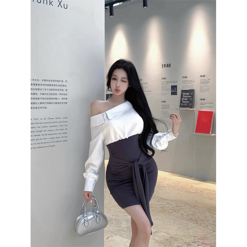 Đầm body sơ mi lệch vai tay dài TABISHOP Váy body nữ buộc dây eo lạ mắt đi học đi làm đi chơi(179) | BigBuy360 - bigbuy360.vn