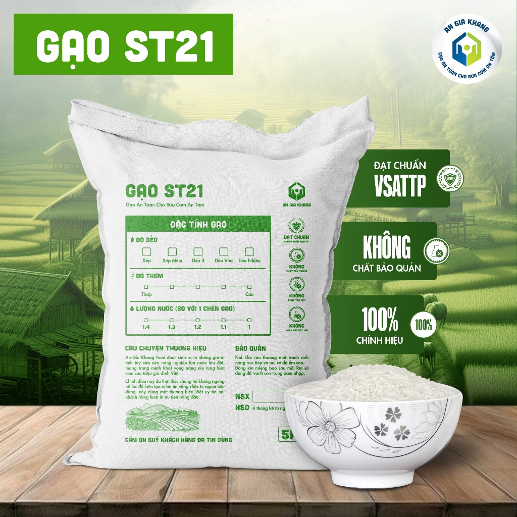 [Túi 5KG] Gạo ST21 Dẻo Ngon AGKF Chính Hãng - An Gia Khang Food