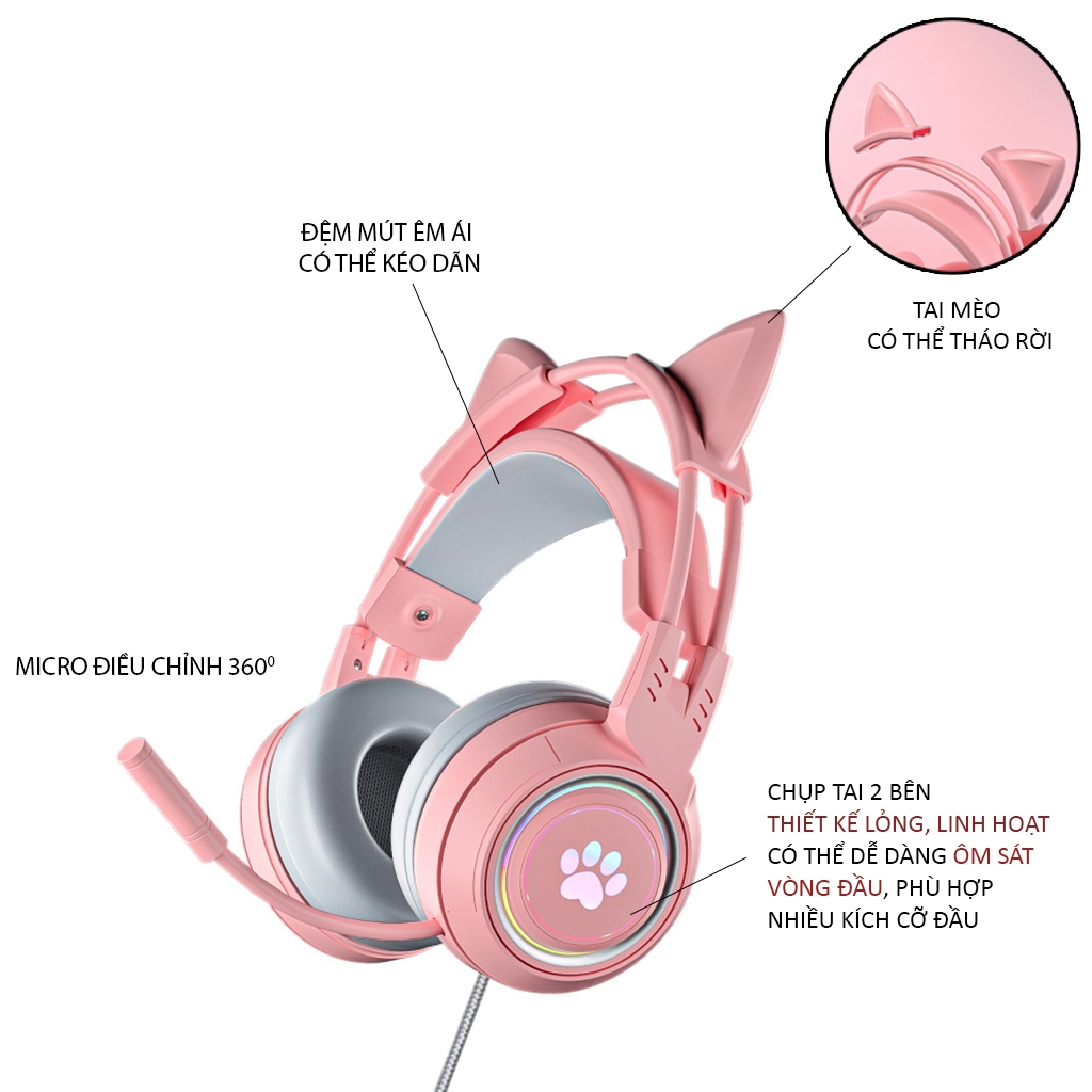 Tai Nghe Gaming Có Dây Tai Nghe Chụp Tai Mèo Có Mic, Đèn Led RGB, Tai Mèo Cute Dùng Cho Máy Tính PC, Laptop, Điện Thoại | BigBuy360 - bigbuy360.vn