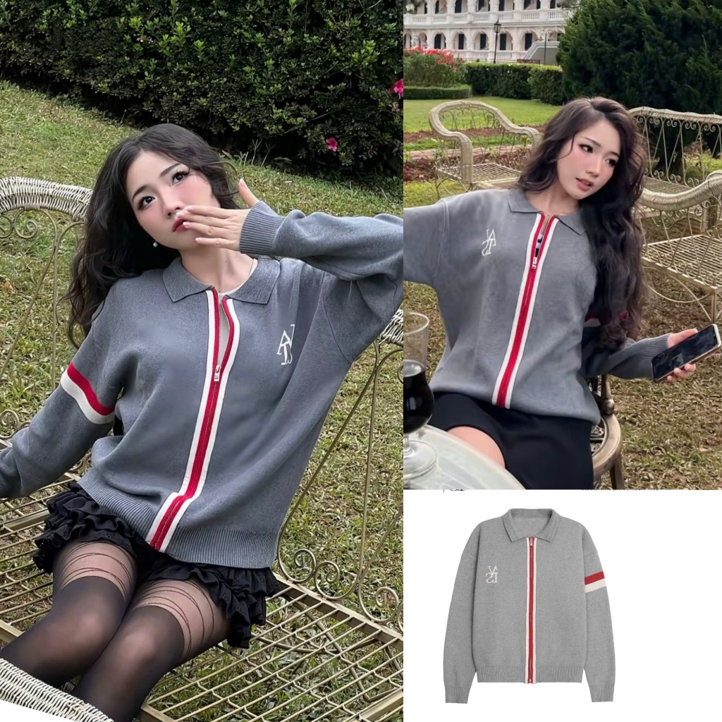 Áo khoác cardigan len xám form rộng viền kẻ T31 | BigBuy360 - bigbuy360.vn