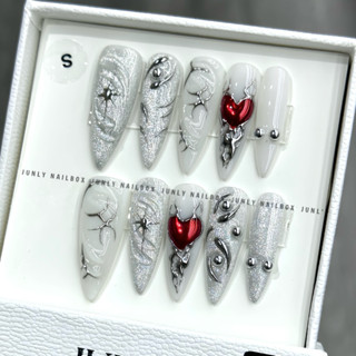  Nailbox mắt mèo trắng Y2K JUNLY - nail box thiết kế móng giả trái tim đỏ bạc chụp ảnh đi chơi 700 