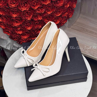 [ Phom nhỏ tăng 1 size] Giày cao gót TUYẾT LÊ gót nhọn 9p-V119- Giày nữ da bóng đính nơ Tiểu Thư đi chơi đi tiệc.