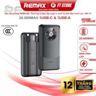 Sạc dự phòng Remax 20000mAh RPP-38 Công suất 22.5W tích hợp 2 cáp sạc Type C và L, Màn hình Led