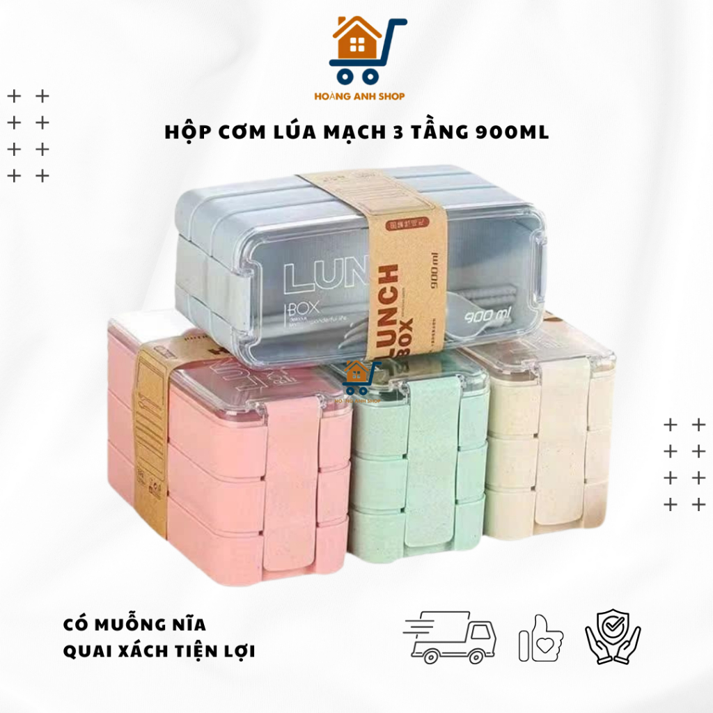 Hộp Cơm 3 Tầng Lúa Mạch 900ml Kèm Muỗng Nĩa, Nắp Kín, Có Quai Xách, Mang Cơm Văn Phòng Tiện Lợi