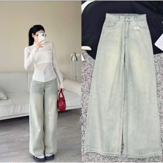 Quần jean suông xanh bạc mài đùi lưng cao chất bò mềm dày dặn