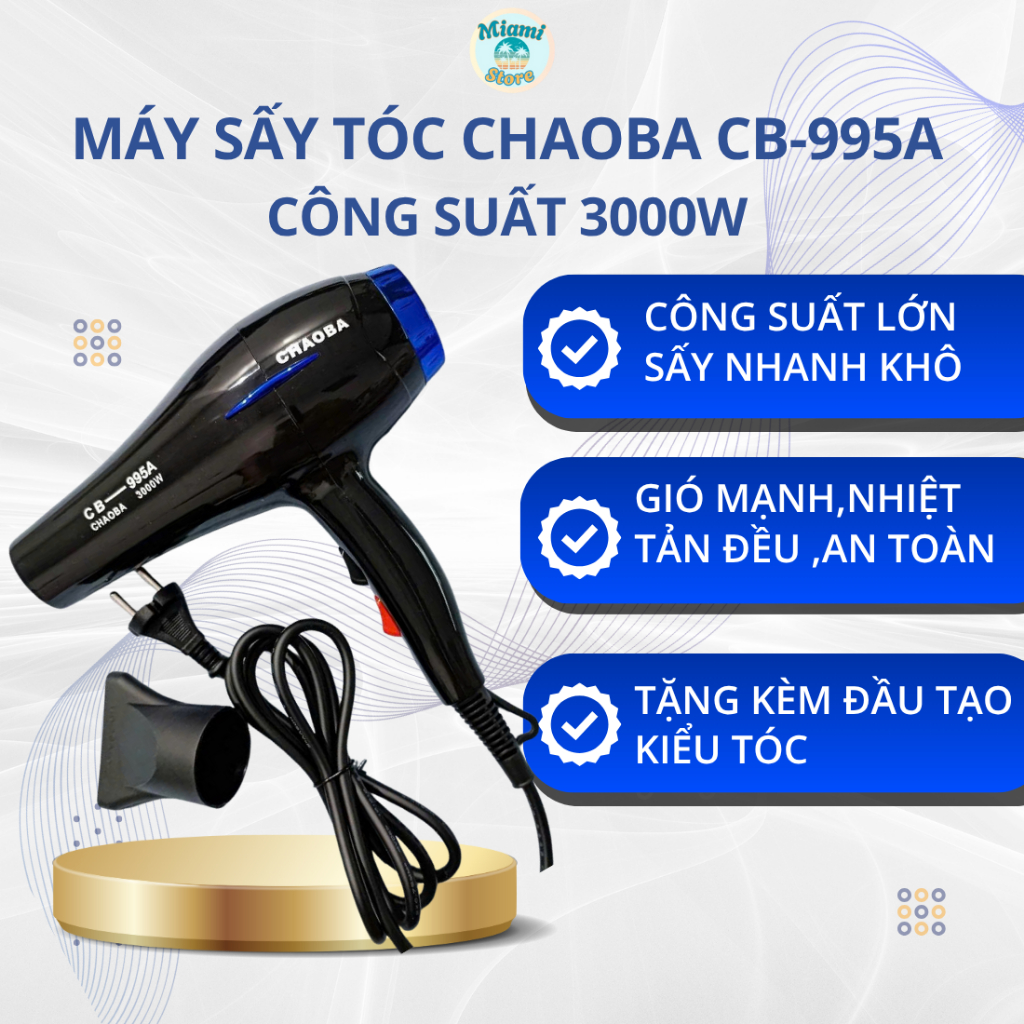 Máy Sấy Tóc Tạo Kiểu Salon Hai Chiều Nóng-Lạnh Chaoba CB-995A Công Suất Lớn 3000W.,Gió Mạnh,Sấy Nhanh ,Tặng Kèm Đầu Sấy.