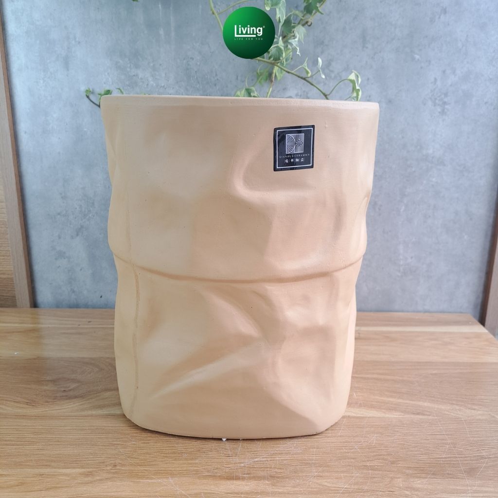 Chậu gốm Gốc Cây mộc mạc cao câp, chậu trồng cây hình trụ vân gờ độc đáo, decor nhà cửa | Living Dec