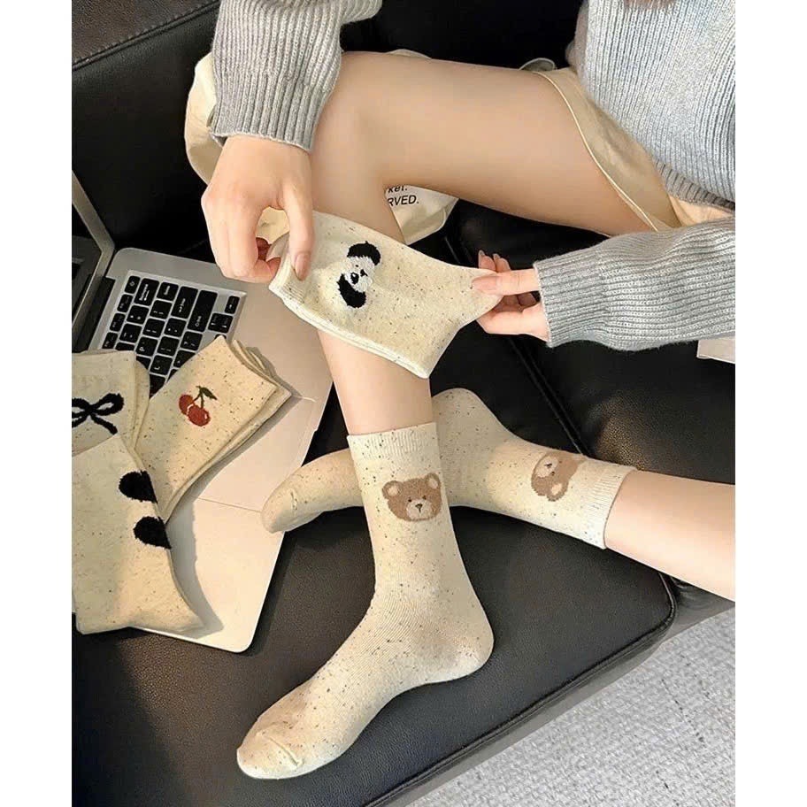 Set 5 Đôi Tất Cao Cổ Nữ Màu Muối Tiêu Họa Tiết Gấu Cherry Phong Cách Hàn Quốc