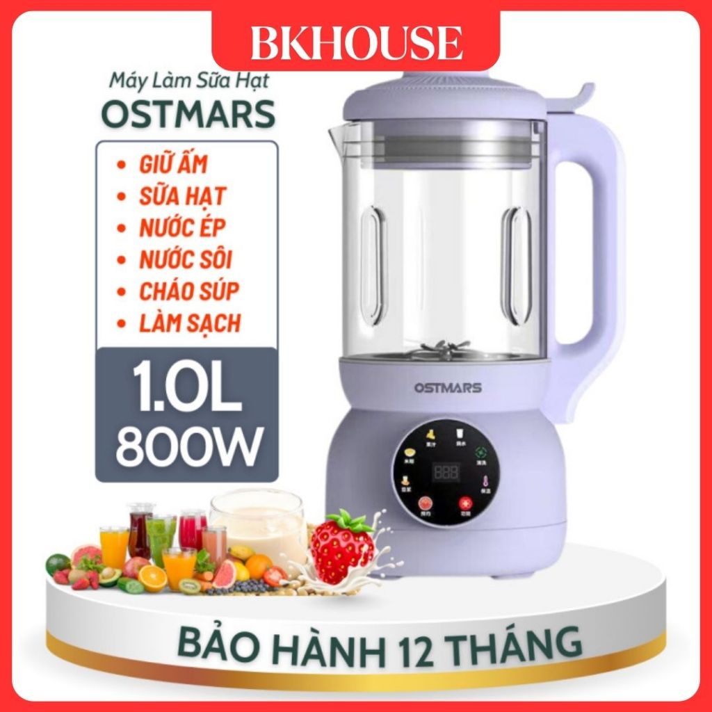 BK House Máy Làm Sữa Hạt OSTMARS - Xay Sinh Tố Cối Thuỷ Tinh Bản Tiếng Việt Đa Chức Năng Nấu Dung Tí