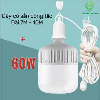 Combo Bóng đèn led 60W + Dây điện có sẵn công tắc dài 7 mét - 10 mét, đèn led tiết kiệm điện năng