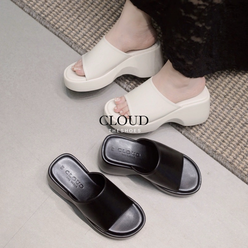 Dép đế xuồng, dép bánh mì Cloud chất liệu da si cao cấp mũi tròn quai ngang bản trơn màu đen, kem thanh lịch dễ phối đồ