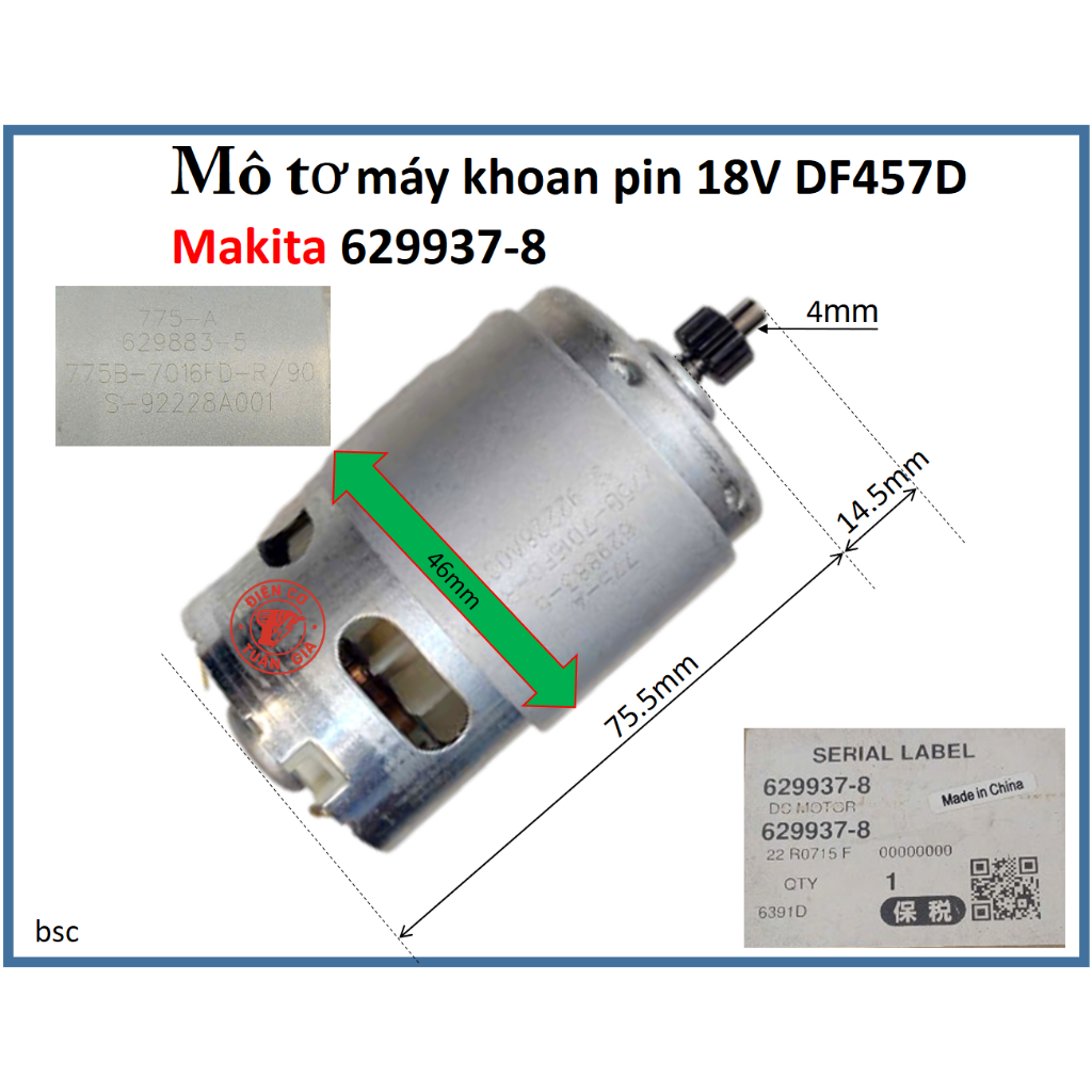 MÔ TƠ KHOAN MAKITA Motor máy khoan pin 18V DF457D / 6391D Makita 629937-8 (CHÍNH HÃNG) bsc-12