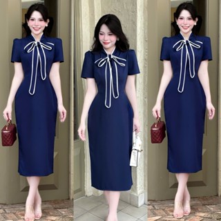 A128 Váy bút chì xanh than cổ nơ Mijustore