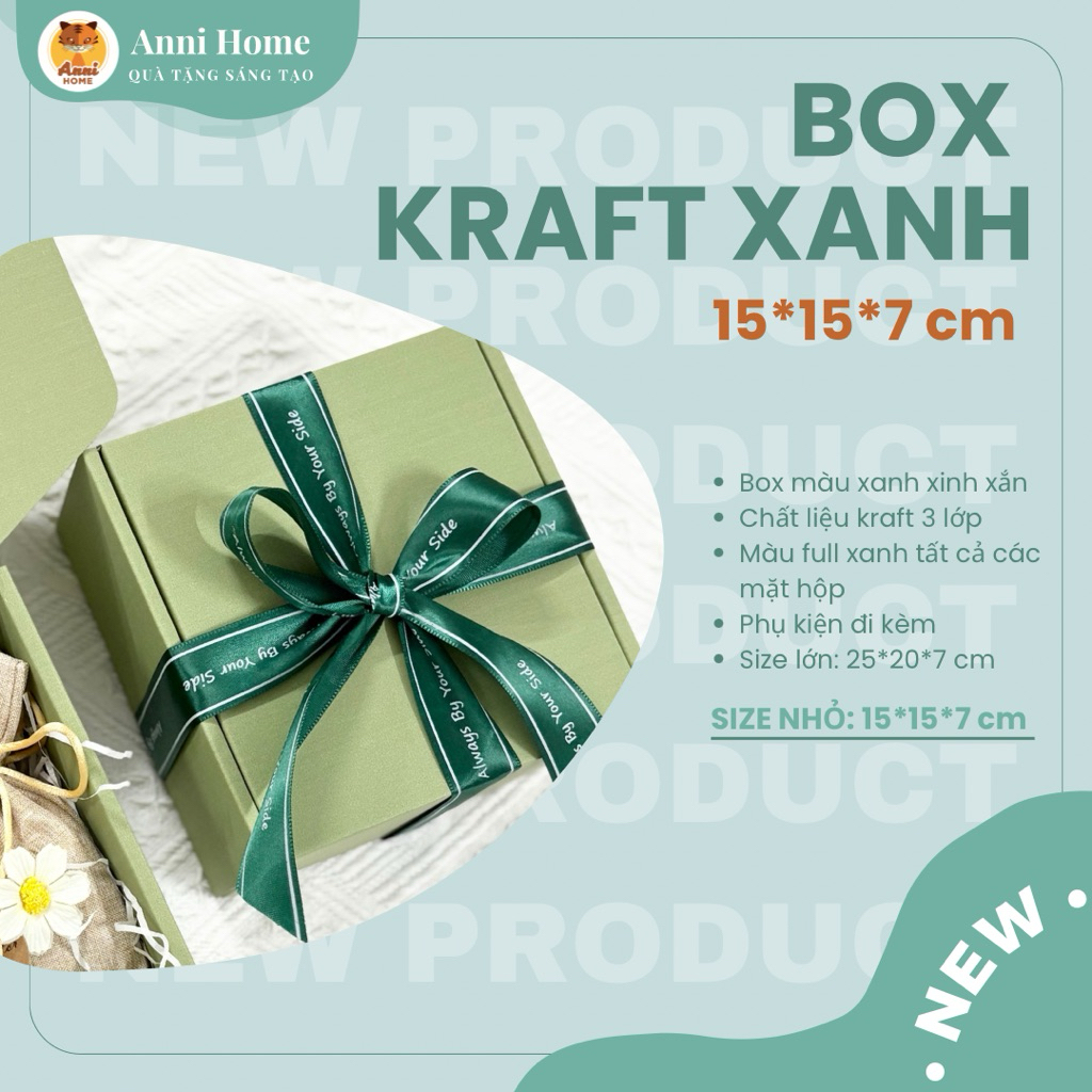 Hộp Quà Kraft Xanh Sang Trọng 15x15x7cm – Đựng Quà Sinh Nhật, Sự Kiện – Anni Home