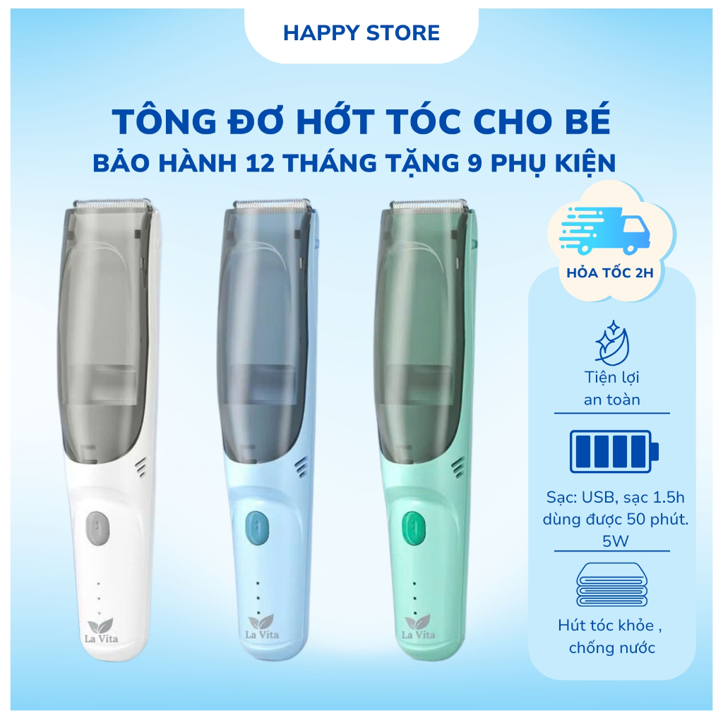 Tông đơ hớt tóc cho bé Misuta, La Vita êm ái, an toàn, hút tóc nhỏ, bảo hành 12 tháng Happy Store