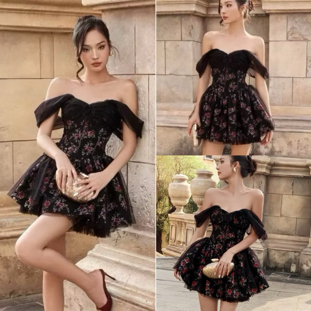 [kieupham.shop] Váy Dự Tiệc Công Chúa – Corset Hoa Nhí Đen Đẹp Sang, Vai Rơi Quyến Rũ