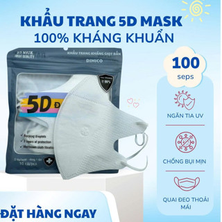 Khẩu Trang 5D 3 Lớp Hộp 100 Cái (10 Túi) Thiết Kế Ôm Gọn Mặt Thoáng Khí Không Gây Bí