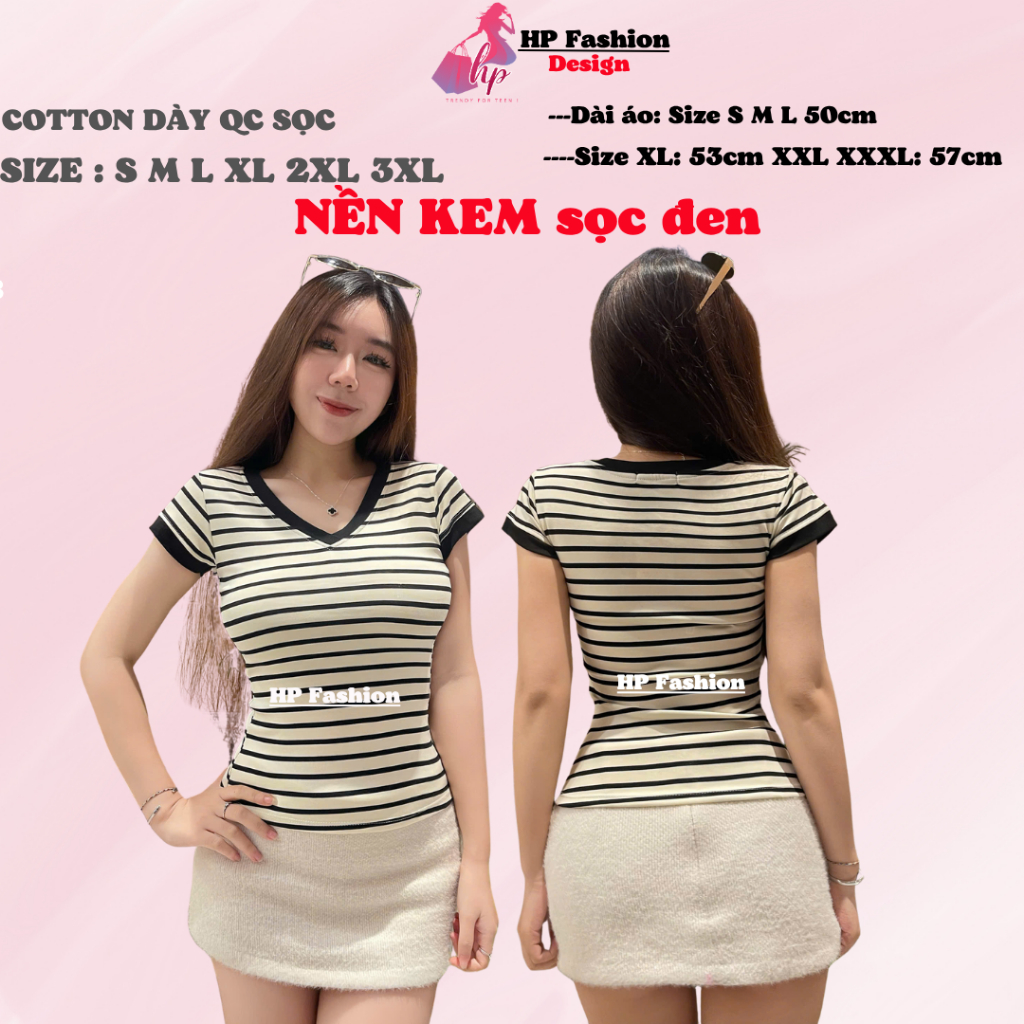 Áo thun cổ tim sọc viền nữ chiết eo basic, áo phông nữ ôm body cộc ngắn tay vải cao cấp co giãn  HP54 | BigBuy360 - bigbuy360.vn