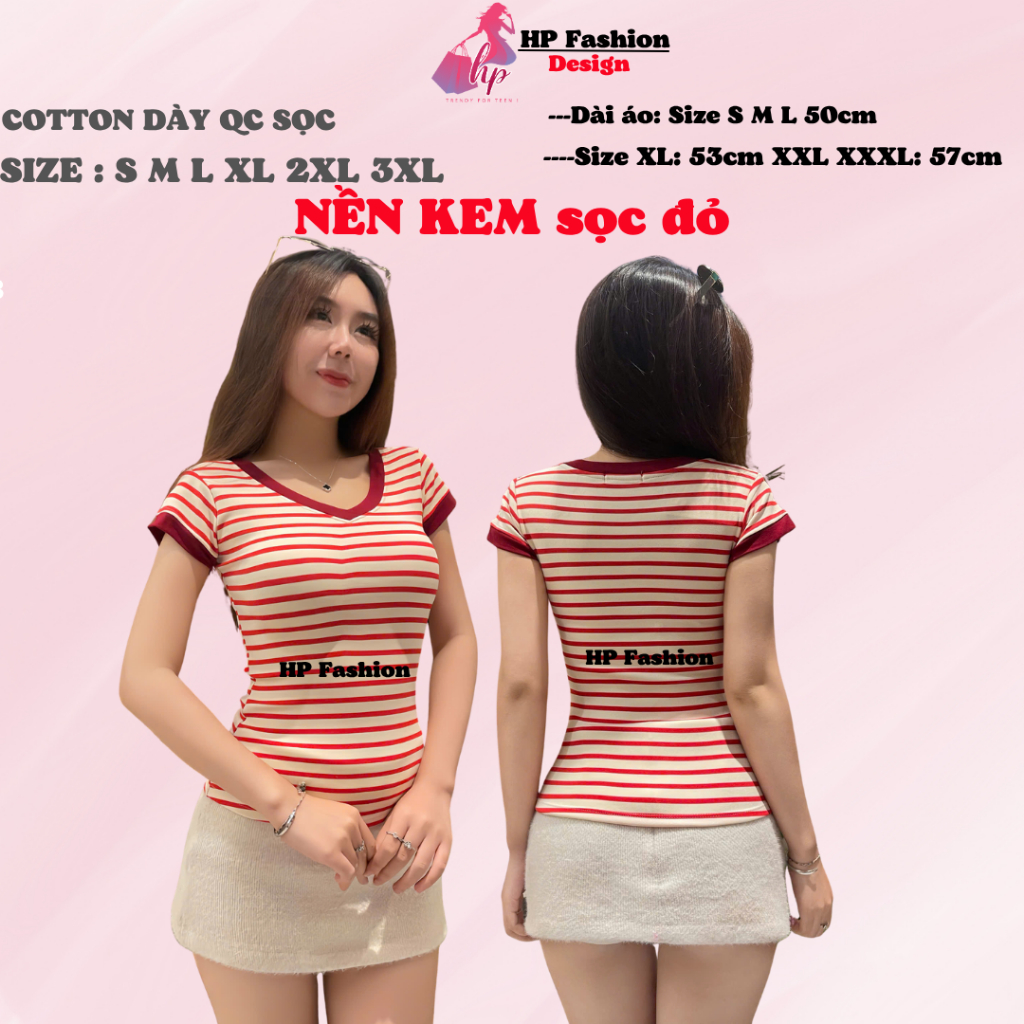 Áo thun cổ tim sọc viền nữ chiết eo basic, áo phông nữ ôm body cộc ngắn tay vải cao cấp co giãn  HP54 | BigBuy360 - bigbuy360.vn