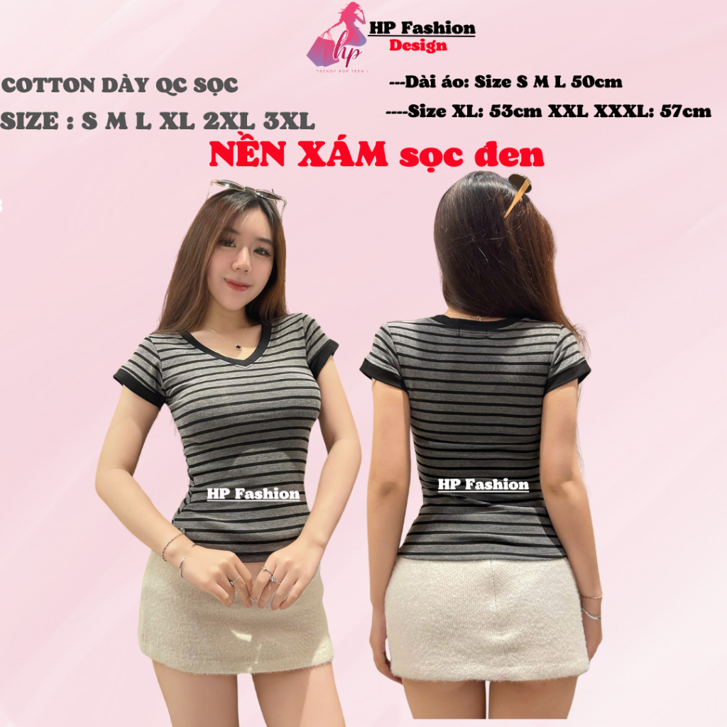 Áo thun cổ tim sọc viền nữ chiết eo basic, áo phông nữ ôm body cộc ngắn tay vải cao cấp co giãn  HP54 | BigBuy360 - bigbuy360.vn