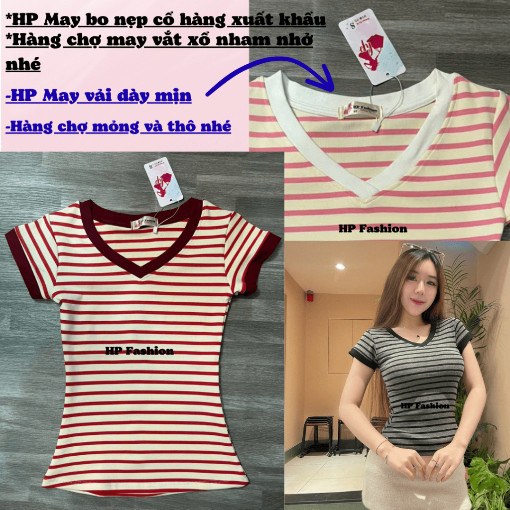 Áo thun cổ tim sọc viền nữ chiết eo basic, áo phông nữ ôm body cộc ngắn tay vải cao cấp co giãn  HP54 | BigBuy360 - bigbuy360.vn