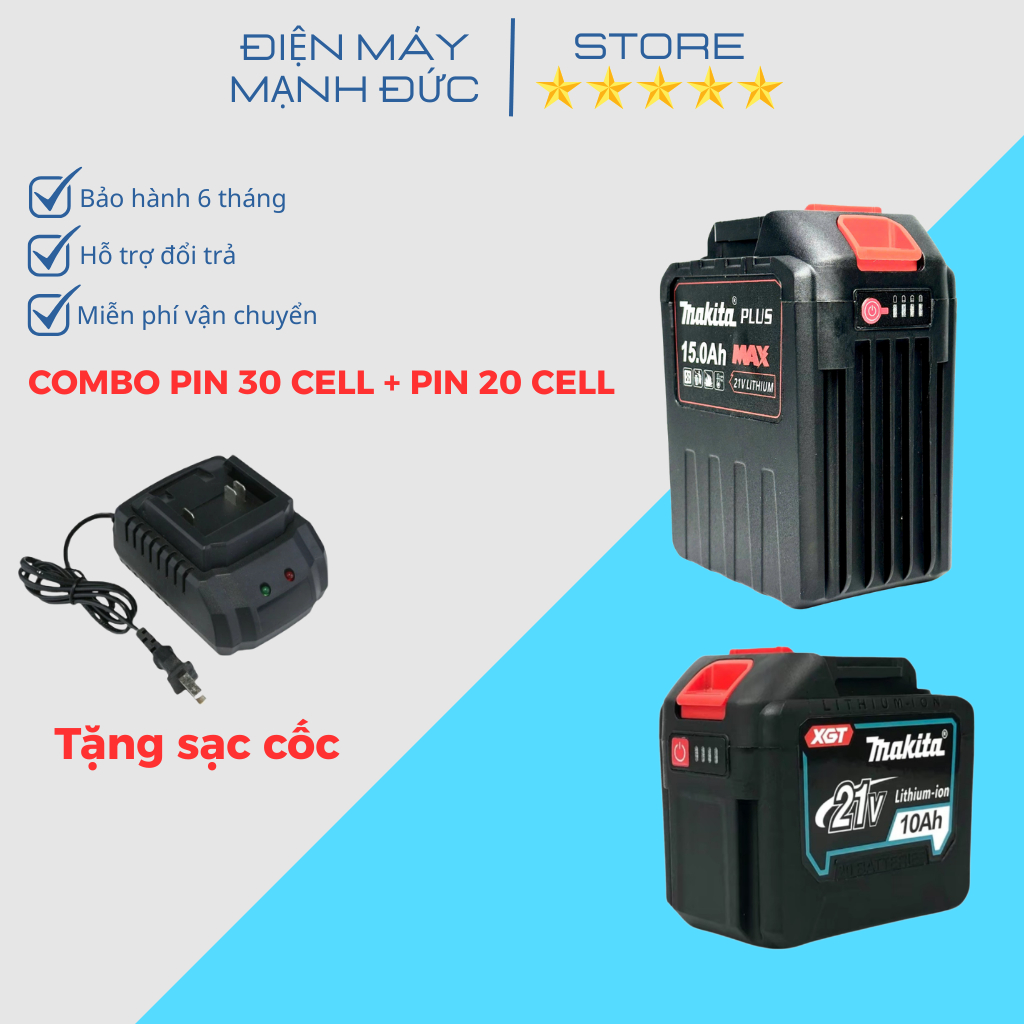 [COMBO MUA 2 PIN TẶNG SẠC] - Pin 30 Cell Makita 8 Mosfet, 20 Cell 3 Mosfet Có Đèn Báo Dung Lượng, Ch