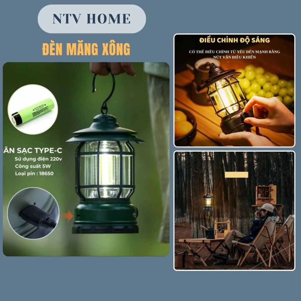 NTV HOME Đèn Bão Tích Điện,Đèn Măng Xông, Chống Nước, Đèn Cắm Trại Dã Ngoại, Tặng Kèm Cáp Sạc Type-C