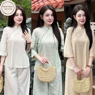 Pháp phục đi chùa nữ cách tân chất lụa họa tiết hoa cúc, Đồ lam cổ trụ cúc bọc tay xếp ly trẻ trung, duyên dáng