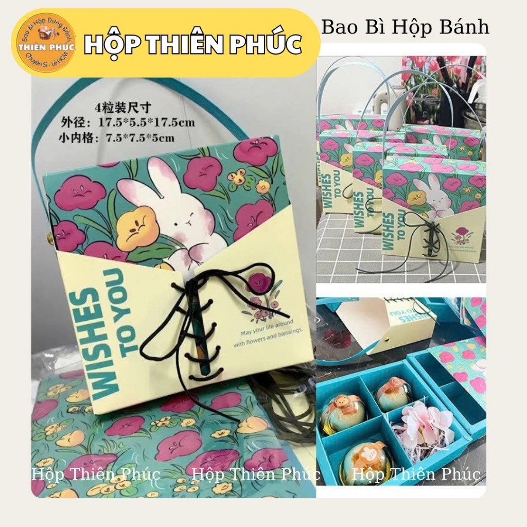 10 Hộp đựng 4 bánh trung thu Thỏ Tulip - Hộp 4 bánh trung thu mini 75g - 100g - Hộp 4 bánh Lava Trứn