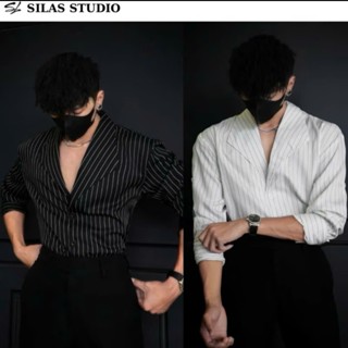 Áo Sơ mi nam tay dài Form Cổ Vest Artist Kaki Cotton Kẻ Sọc Nhỏ Menswear Form Rộng Mặc Mát