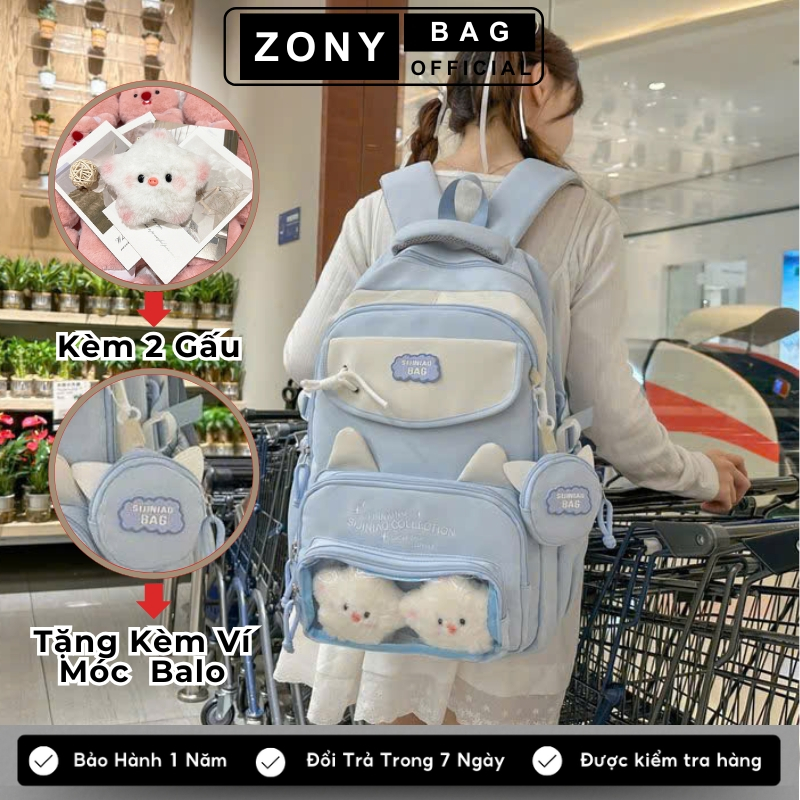 Balo nữ Cặp đi học nam nữ kèm 2 gấu tặng túi, balo đi học unisex thời trang nhiều ngăn tặng túi rút chống nước B42