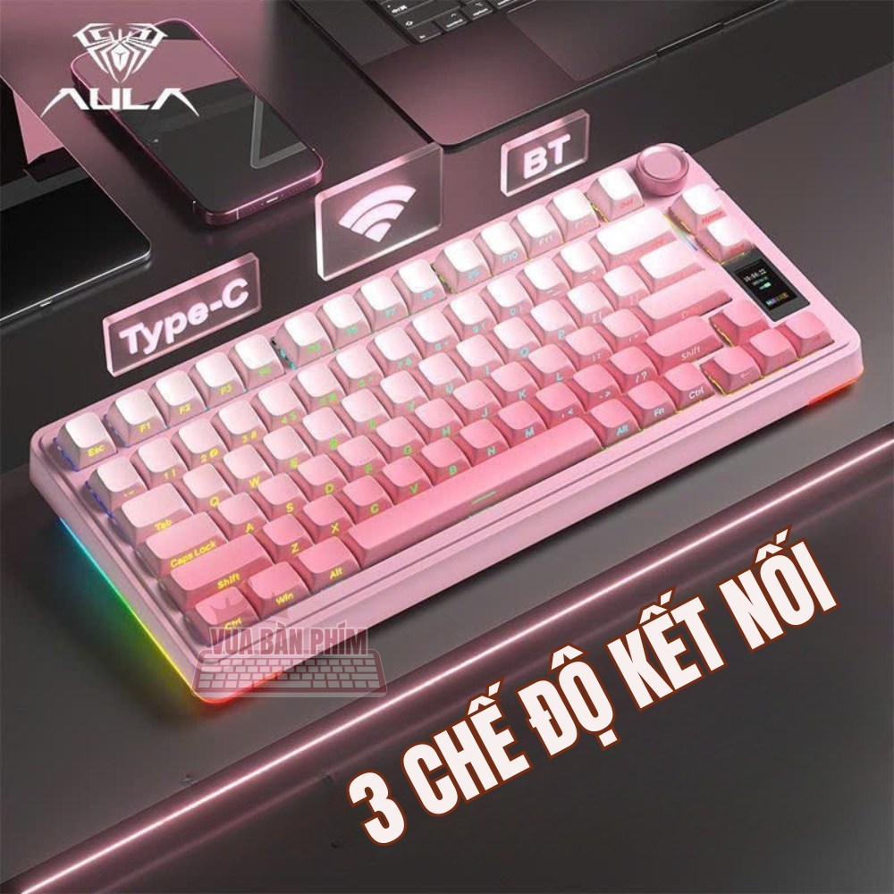 Bàn phím cơ aula S75 Pro không dây, led rgb , màn hình tùy chỉnh , gasket mount, hotswap, key cap pbt double shot
