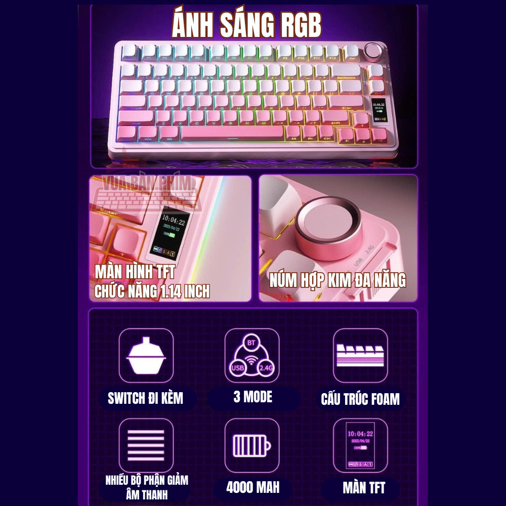 Bàn phím cơ aula S75 Pro 3 mode, màn hình tùy chỉnh, led rgb, gasket mount, hotswap, key cap pbt double shot, full foam | BigBuy360 - bigbuy360.vn