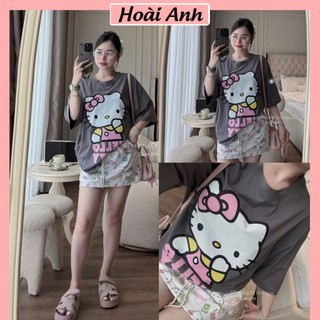  Set Bộ Đồ Nữ Áo Phông Xám Rộng Thụng In Mèo Kitty Hồng Mix Chân Váy Chữ A Họa Tiết Hello Kitty Freesize 