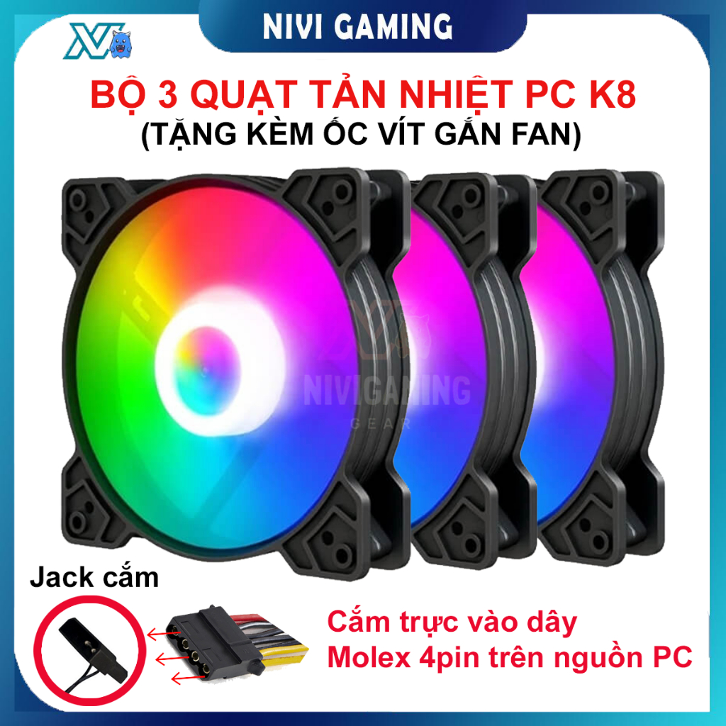 Bộ 3 Quạt Tản Nhiệt K8 Fan LED RGB gắn vỏ thùng PC – TẶNG KÈM Full Ốc Vít Gắn Case PC