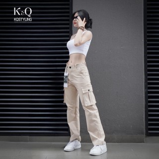 Quần kaki túi hộp nữ ống suông kiểu cargo KQSTYLING kaki co giãn mềm mịn form rộng vừa premium