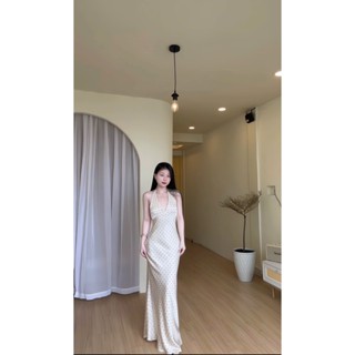 Đầm Lụa Yếm Chấm Bi Form Dài Dự Tiệc, Váy Lụa Bi Hàn Châu 1 Lớp Không Mút,Không Dây Kéo