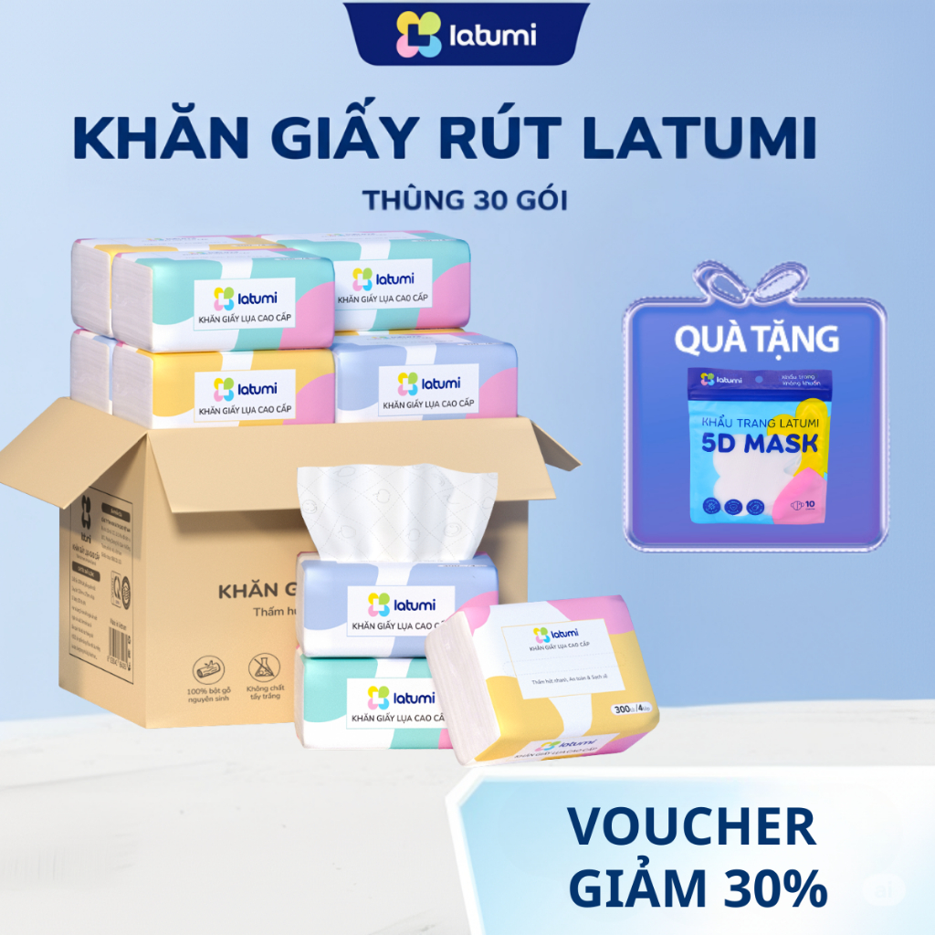 Thùng 30 gói giấy ăn Latumi 4 lớp mềm mịn siêu thấm từ bột gỗ nguyên sinh