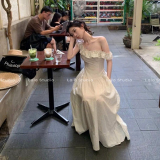 Luna dress•LALASTUDIO• Váy trễ vai maxi siết eo cao cấp, váy maxi kẻ đi biển, váy 2 dây bèo maxi tiểu thư thanh lịch