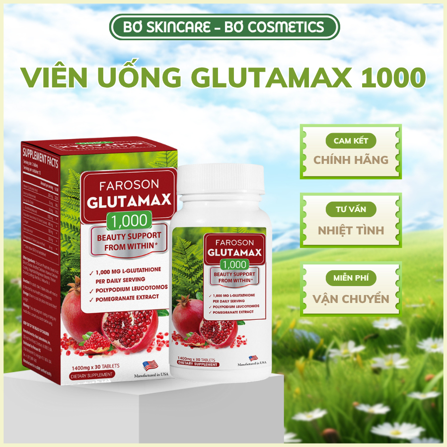(CHÍNH HÃNG) Viên uống trắng da FAROSON GLUTAMAX 1000 hỗ trợ chống nắng, giảm nám hiệu quả