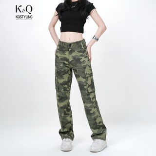  Quần cargo nữ túi hộp kaki co giãn 4 chiều form đứng ống rộng | KQSTYLING C1 Camo 