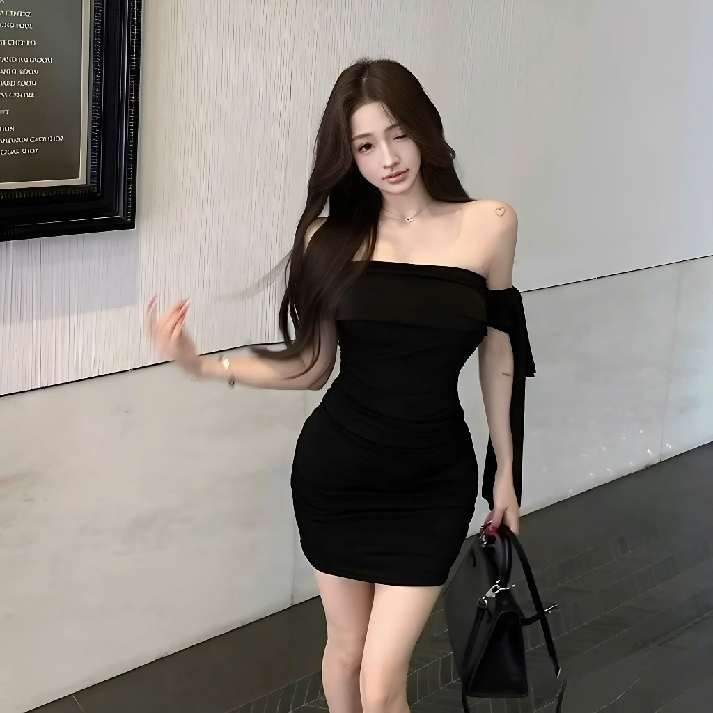 Đầm Trễ Vai Ôm Body Phối Dây Lệch Vai Sang Chảnh Chất Liệu Thun Tăm Co Dãn | BigBuy360 - bigbuy360.vn