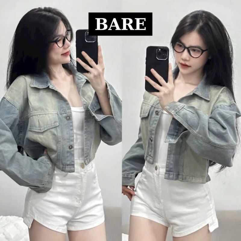 BARE_Áo khoác jean croptop nữ, áo chống nắng nữ freesize form thường phối túi lật màu loang phong cách cá tính- AK016