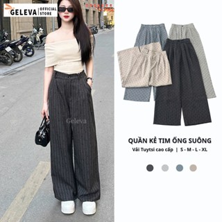 Quần ống suông rộng kẻ họa tiết trái tim cạp chun sau lưng cao Geleva GE885