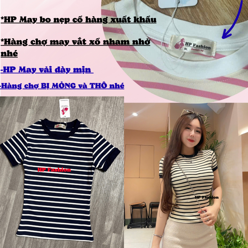 Áo thun sọc viền nữ chiết eo basic cổ tròn, áo phông nữ ôm body cộc ngắn tay HP52 | BigBuy360 - bigbuy360.vn