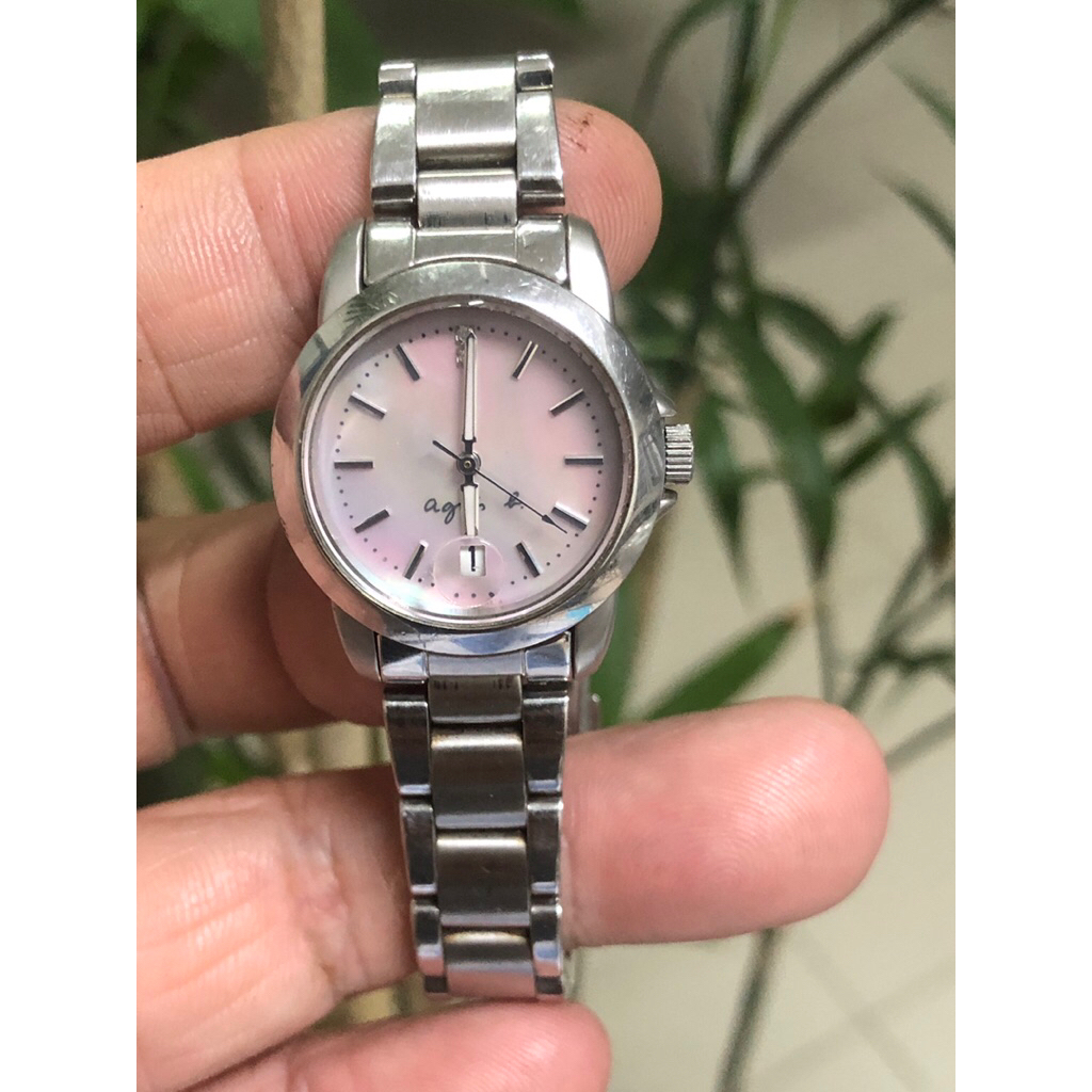 Đồng hồ nữ hiệu Agnes b / seiko, mặt nhỏ 25mm, khảm trai hồng. Nữ tay nhỏ đeo