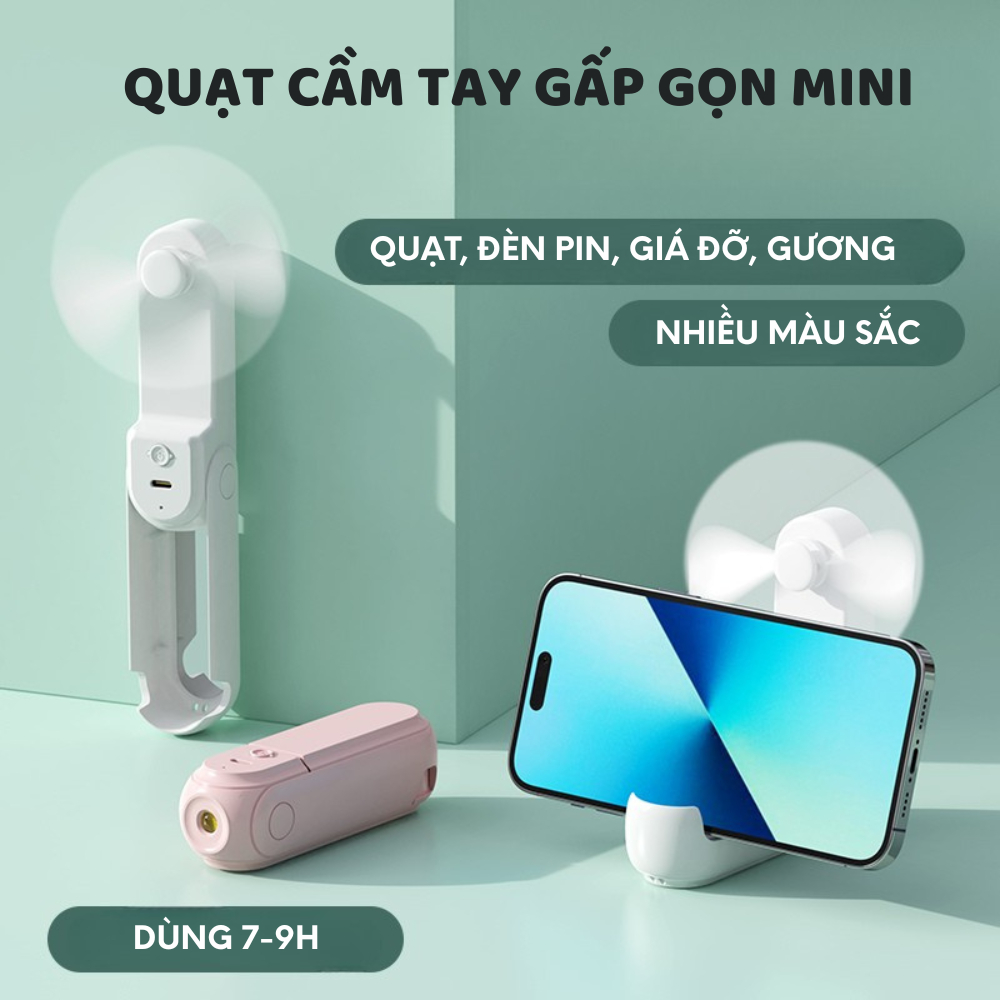 Quạt Cầm Tay Mini F07 Sạc Tích Điện Gấp Gọn Có Đèn Để Bàn Có Gương Tặng Kèm Dây Đeo